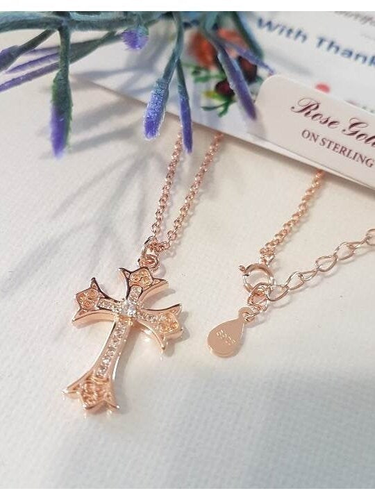 Rose Gold On Sterling Silver Cross/Rose Gold Plated over Sterling Cross with Cubic Zirconia/Ladies Filigree Rose Gold Cross Necklace