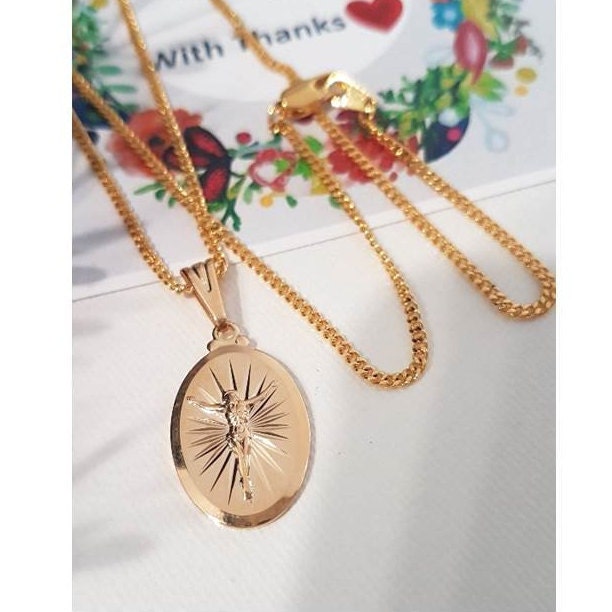 Gold Filled Jesus Crucifixion Medal Necklace/18K Gold Filled Risen Christ Charm Pendant/Gold Filled Oval Crucifixion Medal /Easter Gifts