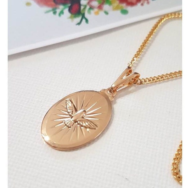Gold Filled Holy Spirit Oval Pendant,18K Gold Filled Holy Spirit Necklace, Holy Ghost Gold Charm,Unisex Christian Pendant,Confirmation Gift