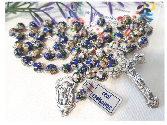 Elegant Genuine Cloissonne Blue Rosary Beads/Real Glass 8mm Dark Blue Cloisonne Rosary/Cloisonne Italian Beads/Italy Imports Beads & medals