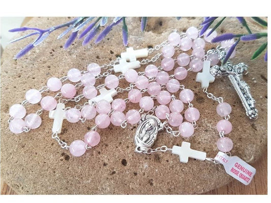 Genuine Rose Quartz Rosary/Mothers Day Rosary and Gifts/Gemstone Rose Quartz with Mother Of Pearl Rosary/Italian Rose Pink Quartz Rosary