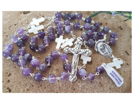 Gemstone Amethyst Rosary with Mother Of Pearl/Genuine Italian Purple Amethyst Gemstone Rosary/Healing Stone and Mother Of Pearl Beads Rosary