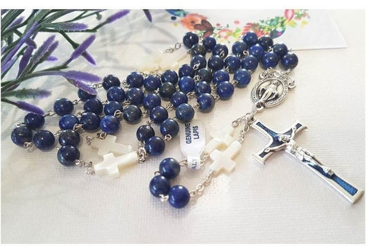 Genuine Lapis Lazuli and Mother Of Pearl rosary/Real Lapis Gemstone and Pearl Cross Beads Rosary/Blue Lapis Semiprecious Stone Prayer Beads