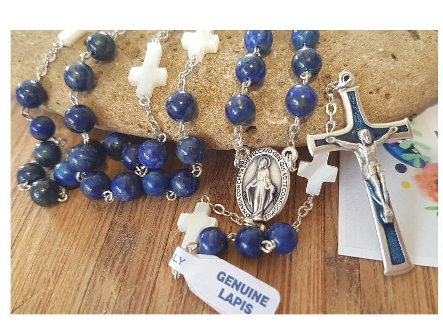 Genuine Lapis Lazuli and Mother Of Pearl rosary/Real Lapis Gemstone and Pearl Cross Beads Rosary/Blue Lapis Semiprecious Stone Prayer Beads