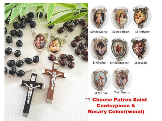 Wood Rosary with Patron Saint,Men's Rosary, Black or Brown Oval Beads Wood Rosary, Boys Communion and Confirmation Gift, Choose Saint Medal
