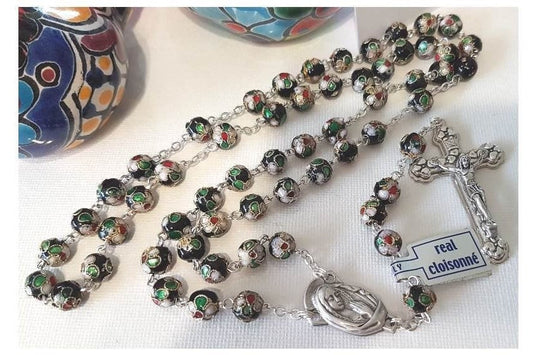 Real Cloisonne Rosary/Black Genuine Cloisonne Rosary/Catholic Rosary with Italian Cloisonne Beads/Italy imports beads/Black Catholic Rosary
