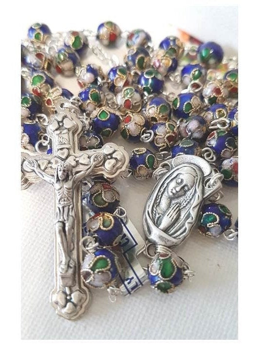 Elegant Genuine Cloissonne Blue Rosary Beads/Real Glass 8mm Dark Blue Cloisonne Rosary/Cloisonne Italian Beads/Italy Imports Beads & medals