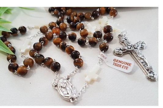 Gemstone Tiger Eye and Mother Of Pearl Rosary/Real Tiger Eye Stone and Mother Of Pearl Cross Beads Rosary/Gemstone Catholic Prayer Beads