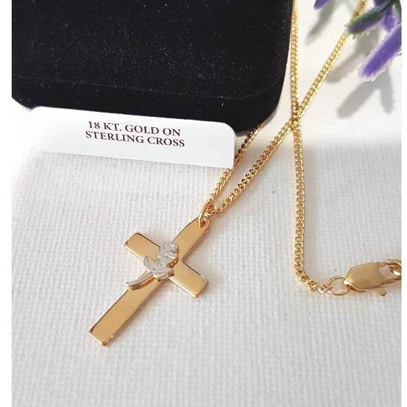 Cross With Rose Pendant, 18Kt Gold On Sterling Silver Cross, Ladies Cross with Rose Pendant, Mother's Day, Wife Gift, Ladies Christian Gift