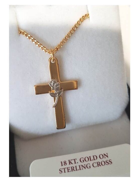 Cross With Rose Pendant, 18Kt Gold On Sterling Silver Cross, Ladies Cross with Rose Pendant, Mother's Day, Wife Gift, Ladies Christian Gift