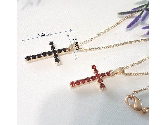 Garnet Cross Pendant/Jet Black Gold Cross Necklace/14K Gold Filled CZ Paved Pendant/Ladies Cross Necklace/Christian Gold Cross Pendant