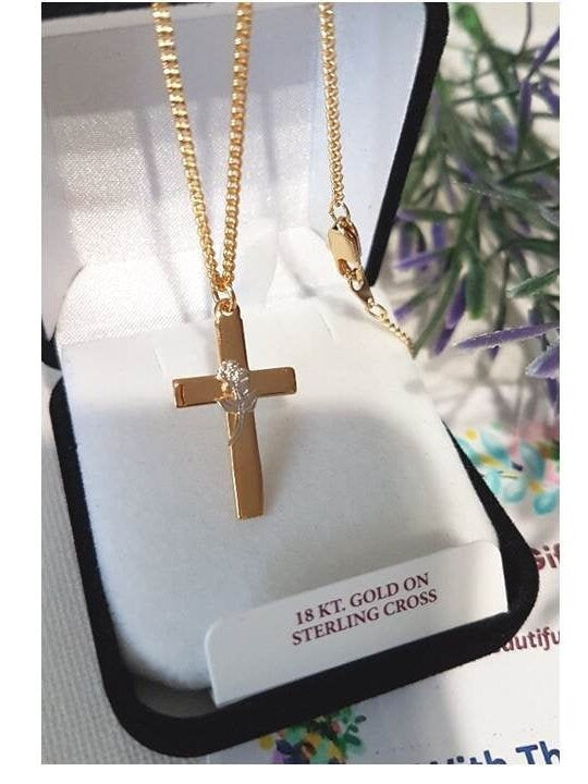 Cross With Rose Pendant, 18Kt Gold On Sterling Silver Cross, Ladies Cross with Rose Pendant, Mother's Day, Wife Gift, Ladies Christian Gift