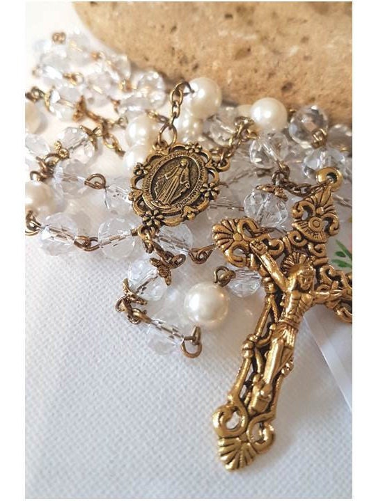 Antique Crystal Rosary/Antique Gold Catholic Rosary/Rosaries with Pearl and Crystal/Miraculous Medal Prayer Beads/Bronze Gold Plated Rosary