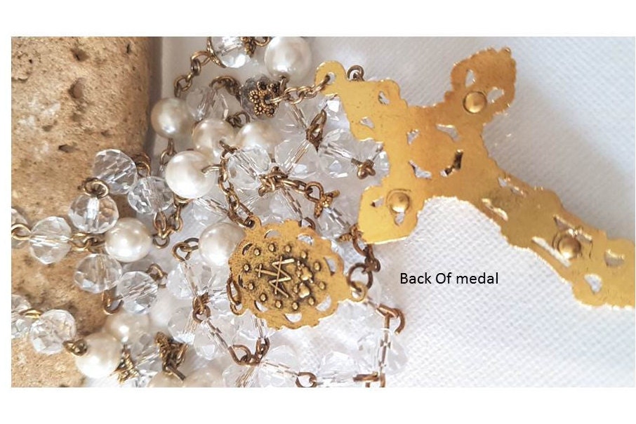 Antique Crystal Rosary/Antique Gold Catholic Rosary/Rosaries with Pearl and Crystal/Miraculous Medal Prayer Beads/Bronze Gold Plated Rosary