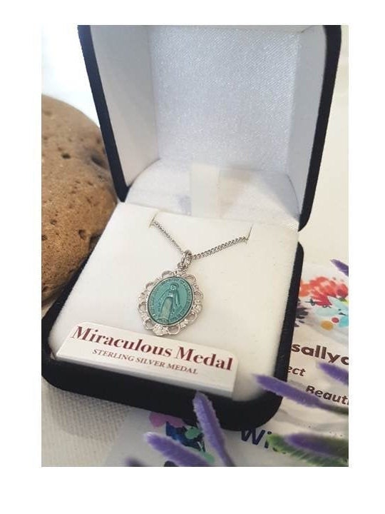 Blue Miraculous Medal Necklace,Sterling Silver Virgin Mary Pendant with Blue Epoxy,Blue Our Lady In Grace Pendant for Ladies,Gifts For Her