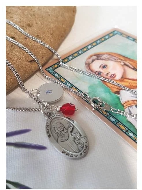 St Dymphna Necklace Personalised/Patron Saint For Depression/Saint Dymphna Healing Saint For Anxiety/Saint Medal Prayer Card & Birthstone