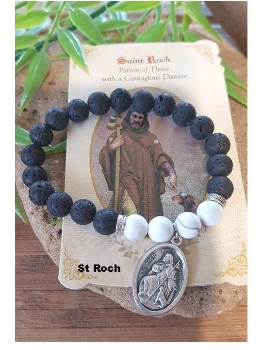 Healing Patron Saint Stone Bracelet,Lava Beads and Howlite Diffuser Men Bracelet, Choose your Saint,St Roch,St Gerard,St Benedict,St Andrew