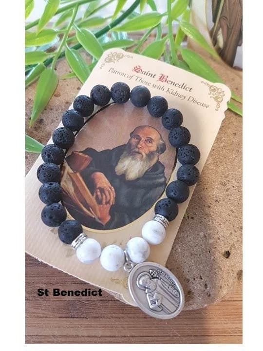 Healing Patron Saint Stone Bracelet,Lava Beads and Howlite Diffuser Men Bracelet, Choose your Saint,St Roch,St Gerard,St Benedict,St Andrew