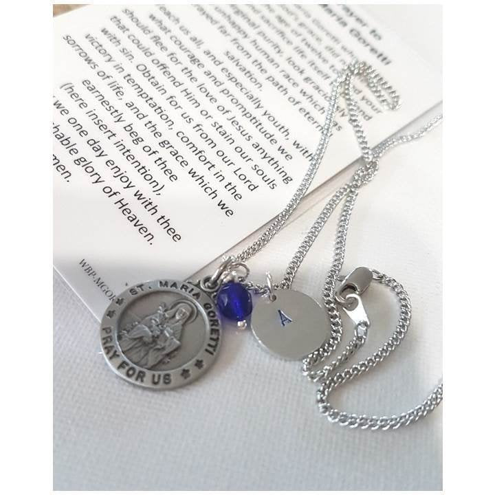 St Maria Goretti/Catholic Saints Necklace for Communion and Confirmation Girls/Personalized St Maria Goretti Pewter Pendant with Prayer Card