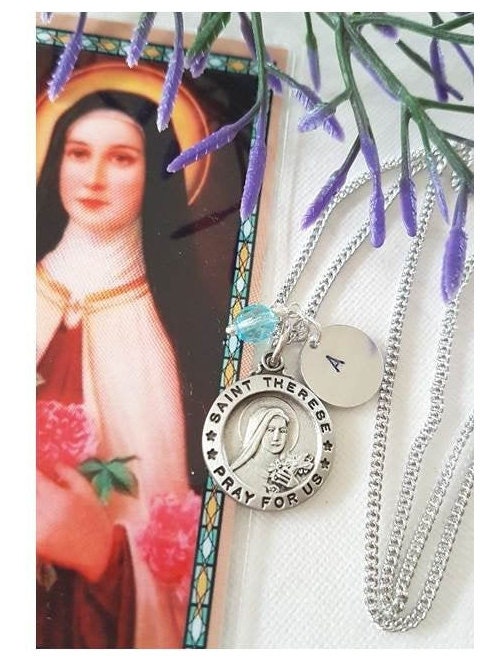 St Therese Necklace with Card/Personalised Saint Theresa of Lisieux Pendant/Catholic Saint Birthstone Medal/Confirmation and Communion Gifts