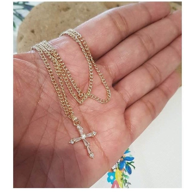 14K Gold Filled Cross Pendant for Girls, Gold Filled CZ Cross Necklace, Petite Cross Medal, Gifts for Her, First Communion and Confirmation