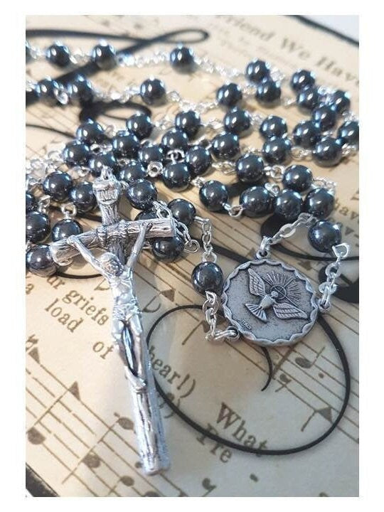 Pope Saint John Paul 11 Rosary,Papal Crucifix,Hematite Papal Rosary with Holy Spirit Centerpiece,Boys Confirmation Rosary,Double sided medal