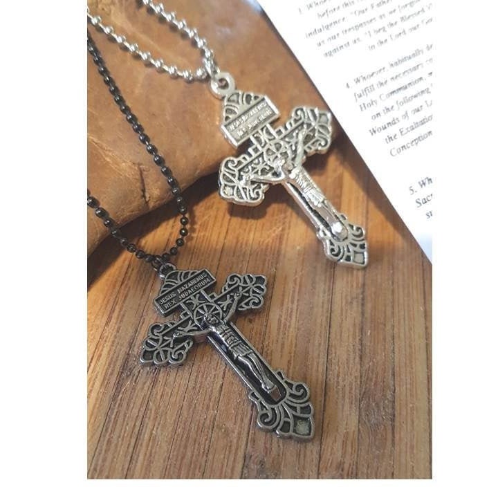 Pardon Cross Necklace,Pardon Crucifix Chain for Men, Men's Cross Pendant,Gunmetal Pardon Cross,Big Silver and Gunmetal Crucifix Necklace