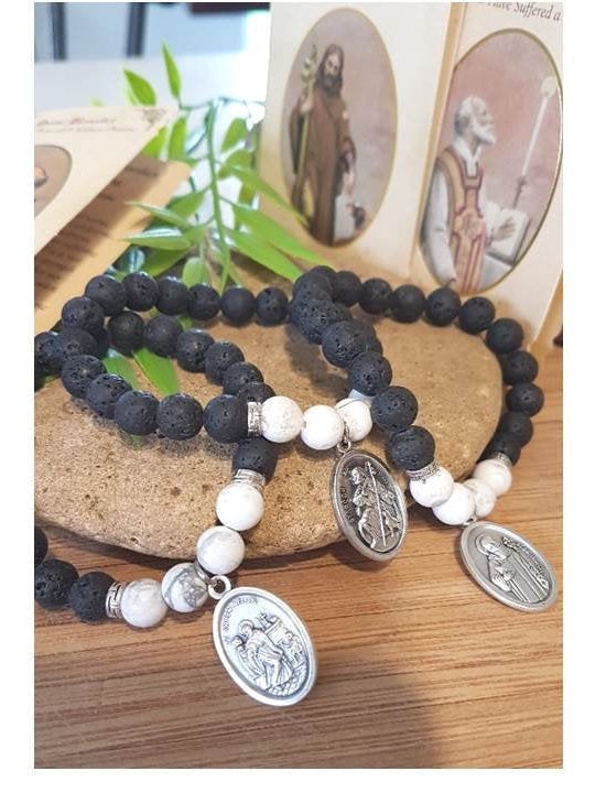 Healing Patron Saint Stone Bracelet,Lava Beads and Howlite Diffuser Men Bracelet, Choose your Saint,St Roch,St Gerard,St Benedict,St Andrew
