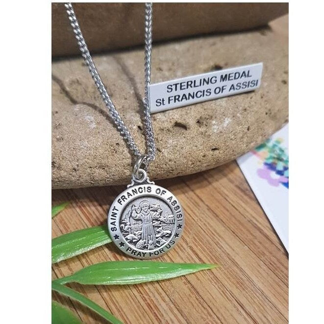 St Francis Sterling Medal,Saint Francis Patron of Ecology and Animals,Sterling Silver Catholic Medals, Confirmation Gifts for Boys,