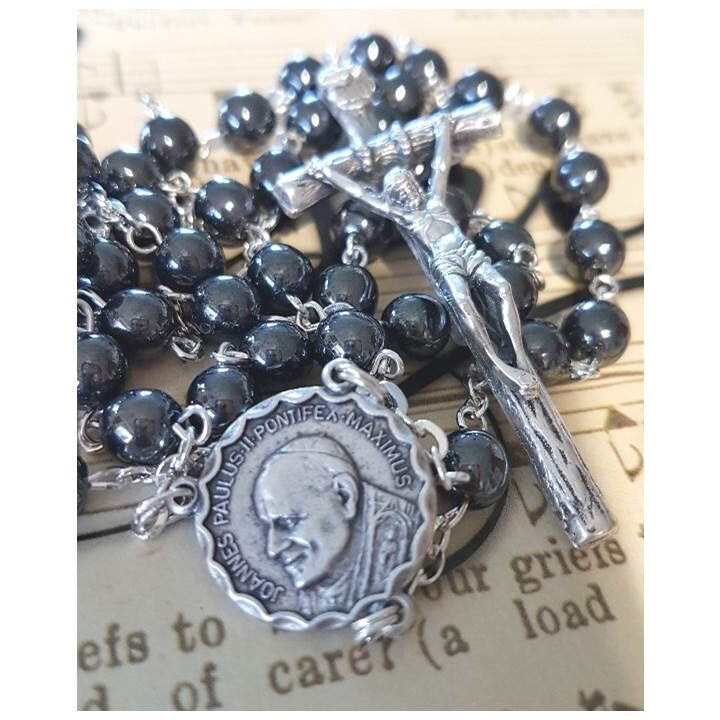 Pope Saint John Paul 11 Rosary,Papal Crucifix,Hematite Papal Rosary with Holy Spirit Centerpiece,Boys Confirmation Rosary,Double sided medal