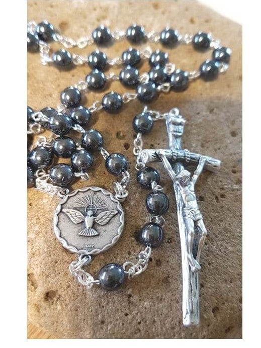 Pope Saint John Paul 11 Rosary,Papal Crucifix,Hematite Papal Rosary with Holy Spirit Centerpiece,Boys Confirmation Rosary,Double sided medal