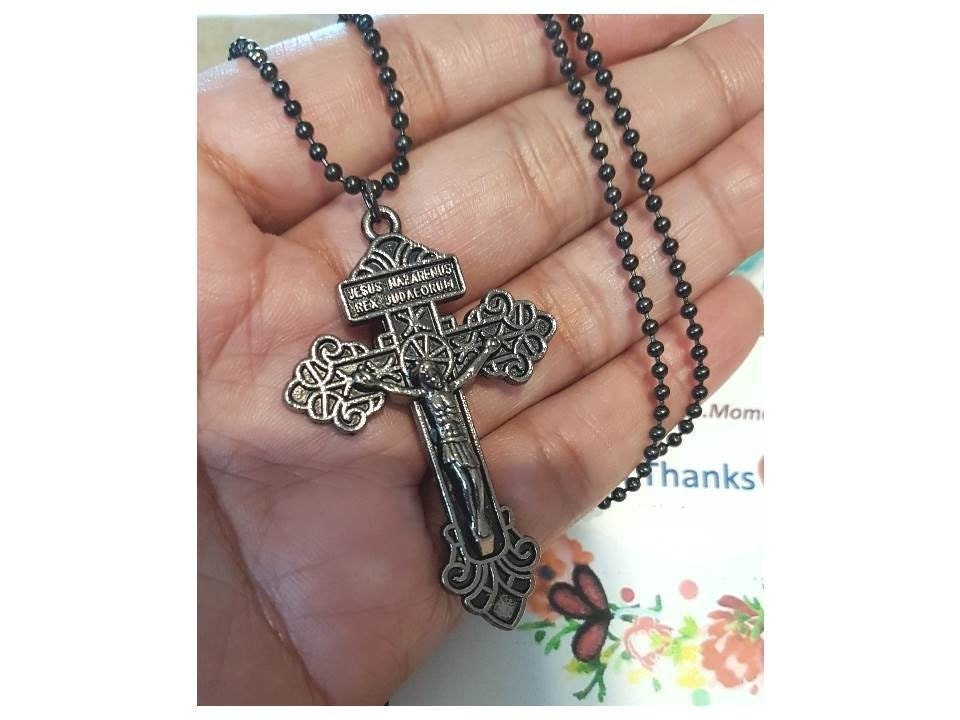 Pardon Cross Necklace,Pardon Crucifix Chain for Men, Men's Cross Pendant,Gunmetal Pardon Cross,Big Silver and Gunmetal Crucifix Necklace