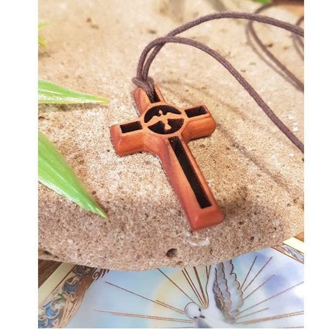 Holy Spirit Olivewood Pendant, Corded Olive Wood Cross,Wood Cross with Holy Spirit Prayer Card,Adult and Youth Wood Cross,Confirmation Gift