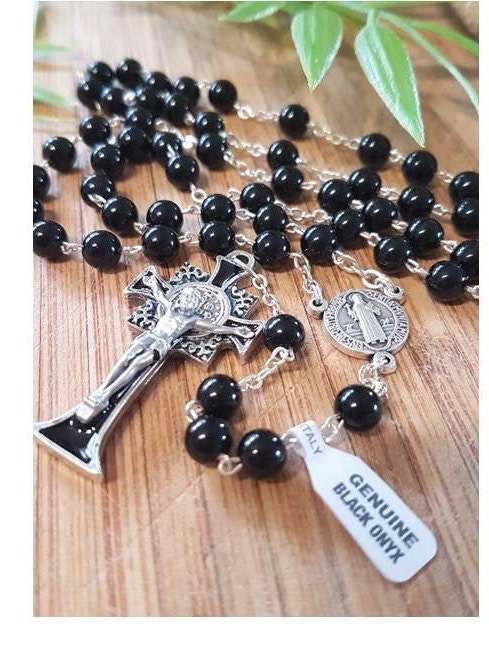 Black St Benedict Rosary, Gemstone Onyx Saint Benedict Rosary, Black Onyx Rosary with Sentia St Benedict Medal and Crucifix, Black Crucifix