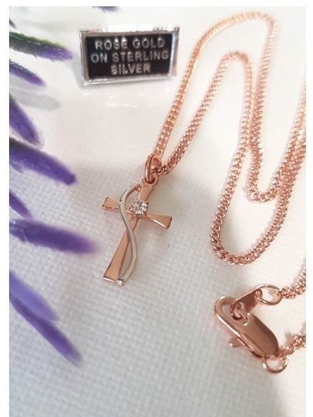 Cute Rose Gold Sterling Silver Cross, Rose Gold Tutone Cross Necklace with CZ, Ladies  & Girls Crystal Pendant, Christian Cross Jewelry