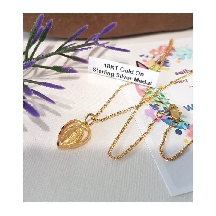 Sterling Silver Gold Plated Miraculous Medal, Miraculous Medal Heart Pendant, Ladies Gold Our lady Of the Miraculous Necklace, Small Medal