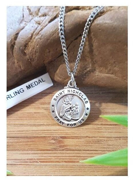 St Nicholas Sterling Silver Necklace,Saint Nicholas Medal,Patron Saint Of Children,Pray For Us Sterling Gifts,Men,Fathers and Youth Jewelry