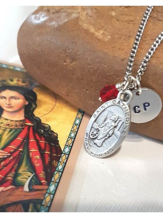 St Catherine of Alexandria Pewter Pendant,Personalized Patron Saint Medal with Birthstone,Initial and Crucifix Charm,St Katherine Prayer