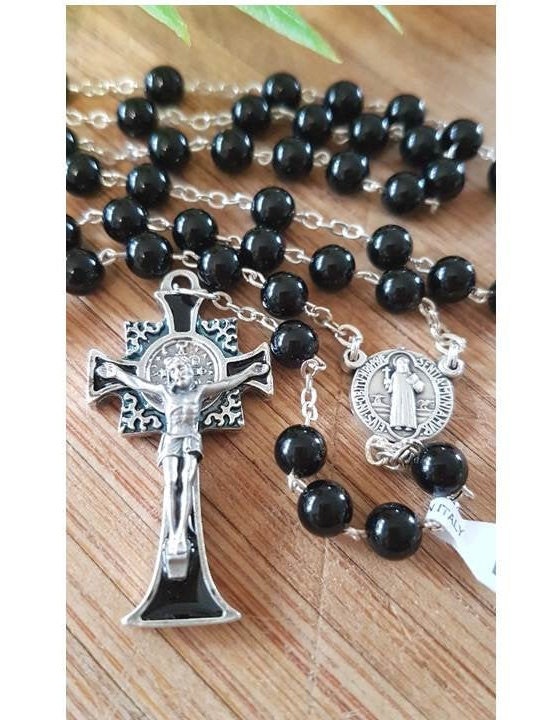 Black St Benedict Rosary, Gemstone Onyx Saint Benedict Rosary, Black Onyx Rosary with Sentia St Benedict Medal and Crucifix, Black Crucifix