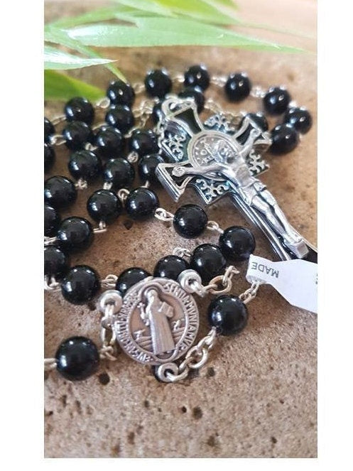 Black St Benedict Rosary, Gemstone Onyx Saint Benedict Rosary, Black Onyx Rosary with Sentia St Benedict Medal and Crucifix, Black Crucifix