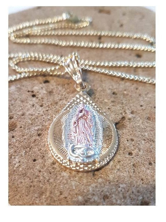 Rose Gold Guadalupe Medal,Virgin Of Guadalupe Gold Filled Necklace,Our Lady of Guadalupe Tri Tone Gold Pendant,Gold Silver Rose Gold Medal