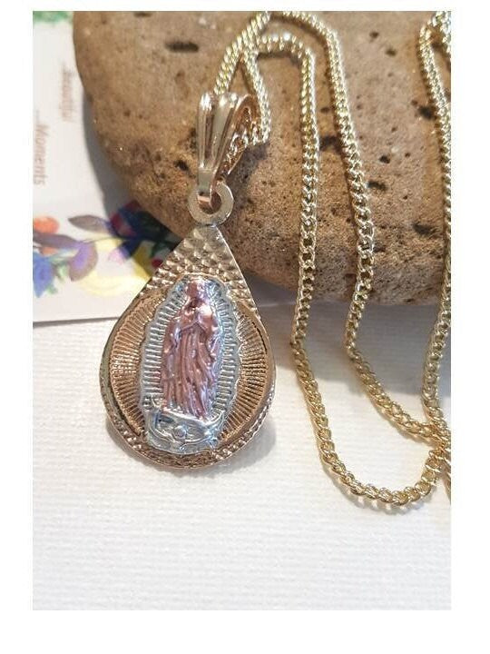 Rose Gold Guadalupe Medal,Virgin Of Guadalupe Gold Filled Necklace,Our Lady of Guadalupe Tri Tone Gold Pendant,Gold Silver Rose Gold Medal