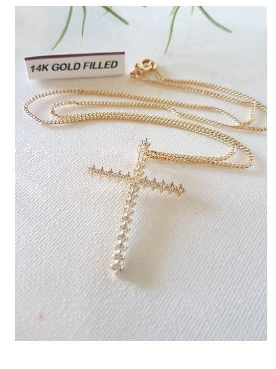 Classy Gold Filled CZ Cross/Skinny Cubic Zirconia Clear Gold Filled Necklace/Simple Ladies Crystal Cross Pendant /Slim Gold Cross