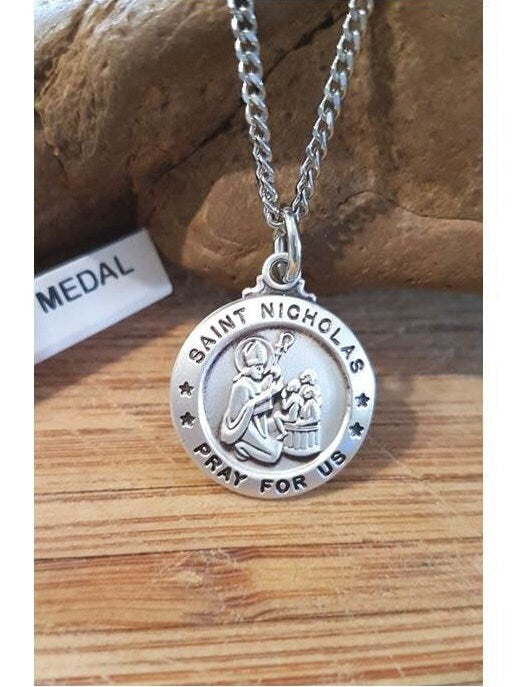 St Nicholas Sterling Silver Necklace,Saint Nicholas Medal,Patron Saint Of Children,Pray For Us Sterling Gifts,Men,Fathers and Youth Jewelry