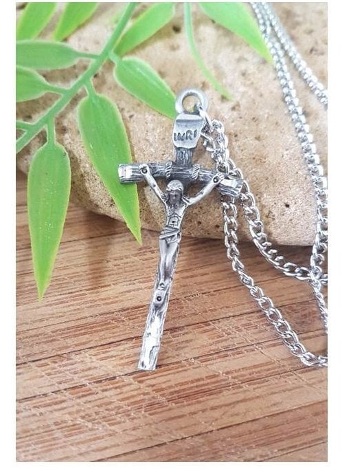 Papal Crucifix Pendant,Pewter Papal Cross Necklace,Mens Big Silver Cross,Traditional Latin Crucifix,Vintage and Rustic Cross Jewelry
