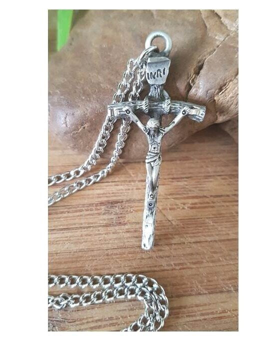 Papal Crucifix Pendant,Pewter Papal Cross Necklace,Mens Big Silver Cross,Traditional Latin Crucifix,Vintage and Rustic Cross Jewelry