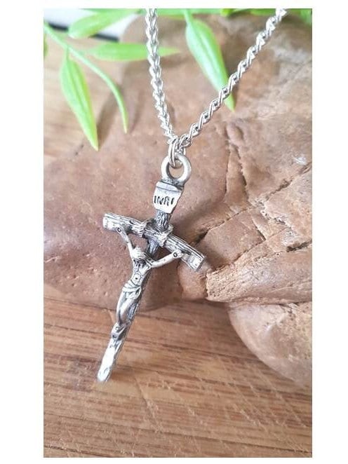Papal Crucifix Pendant,Pewter Papal Cross Necklace,Mens Big Silver Cross,Traditional Latin Crucifix,Vintage and Rustic Cross Jewelry
