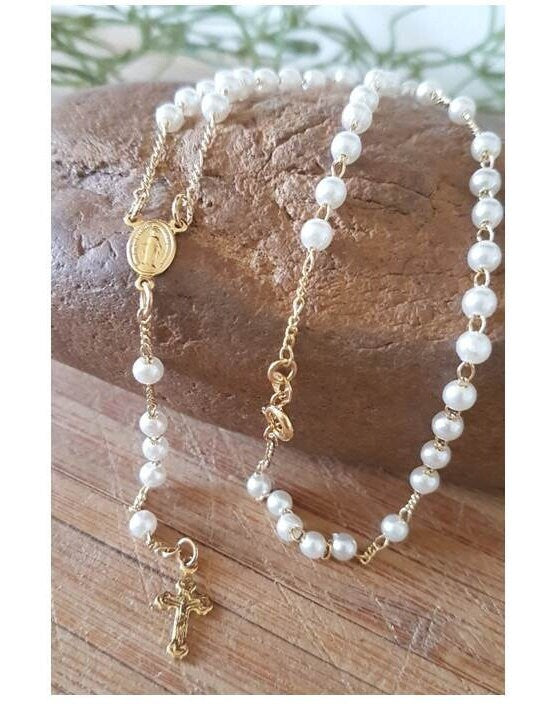 Gold Filled Pearl Rosary Necklace,Cute Dainty 18K Rosary Chain,Girls Communion Rosary,Rosary Necklace for Ladies,Virgin Mary Gold Necklace