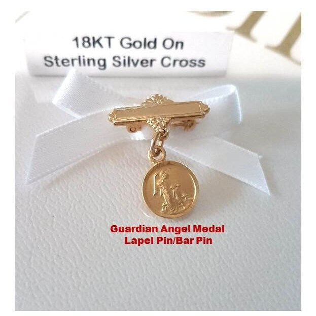 Gold On Sterling Guardian Angel Medal Pin,Sterling Bar Pin,Baby Lapel Pin,Guardian Angel with Children,Baptism Gift,Christening Gift