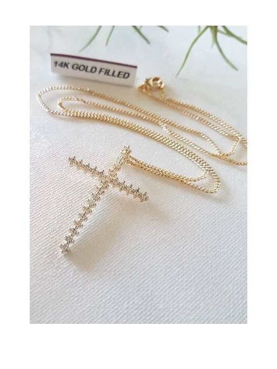 Classy Gold Filled CZ Cross/Skinny Cubic Zirconia Clear Gold Filled Necklace/Simple Ladies Crystal Cross Pendant /Slim Gold Cross